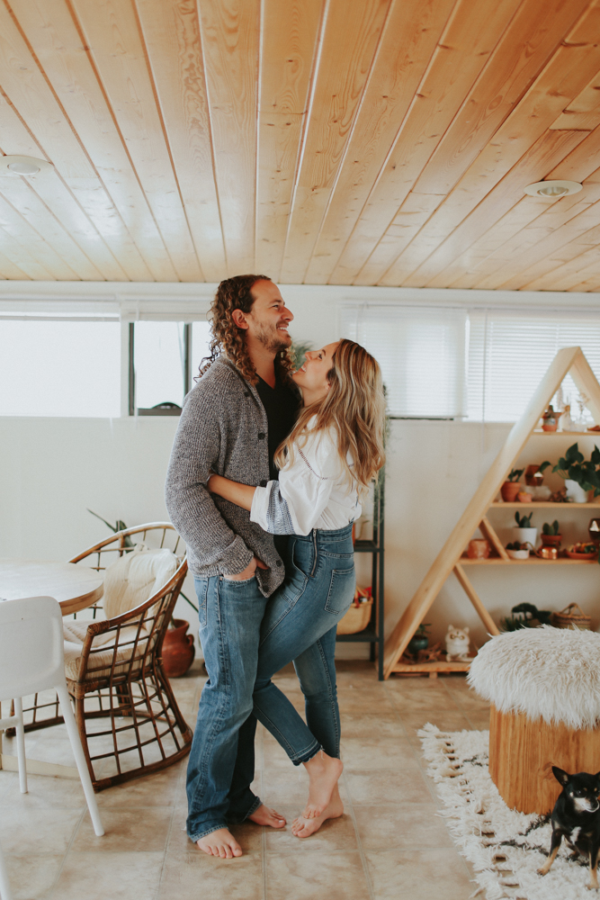 hippie in home couple session- kathy davies photography-madewell overalls